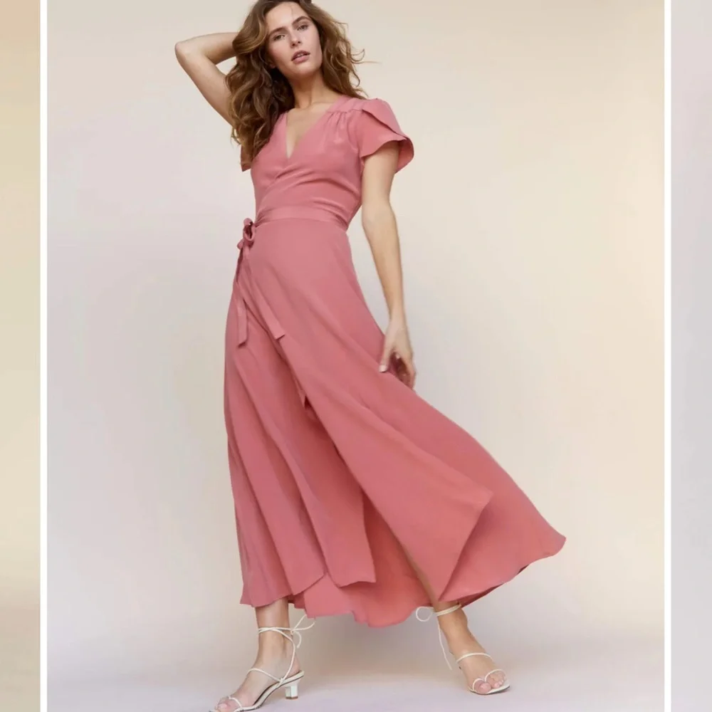 Christy Dawn The Autumn Dress Dusty Rose Silk Wrap Midi Dress size medium - Picture 1 of 7